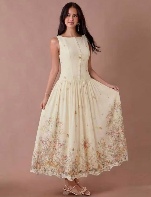 Apricot Summer Floral Print Embroided
