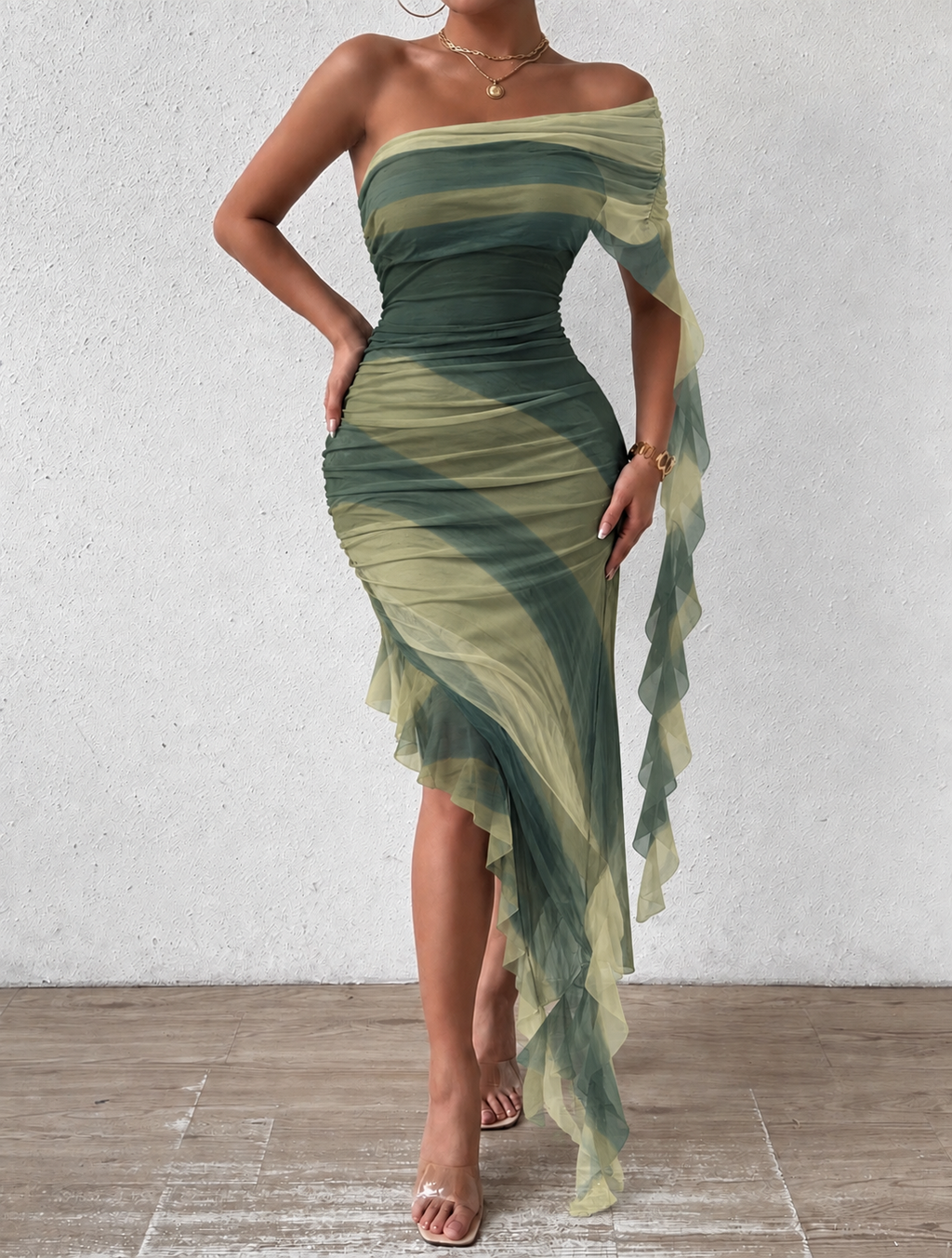 Ruched Ruffle Trim Dress