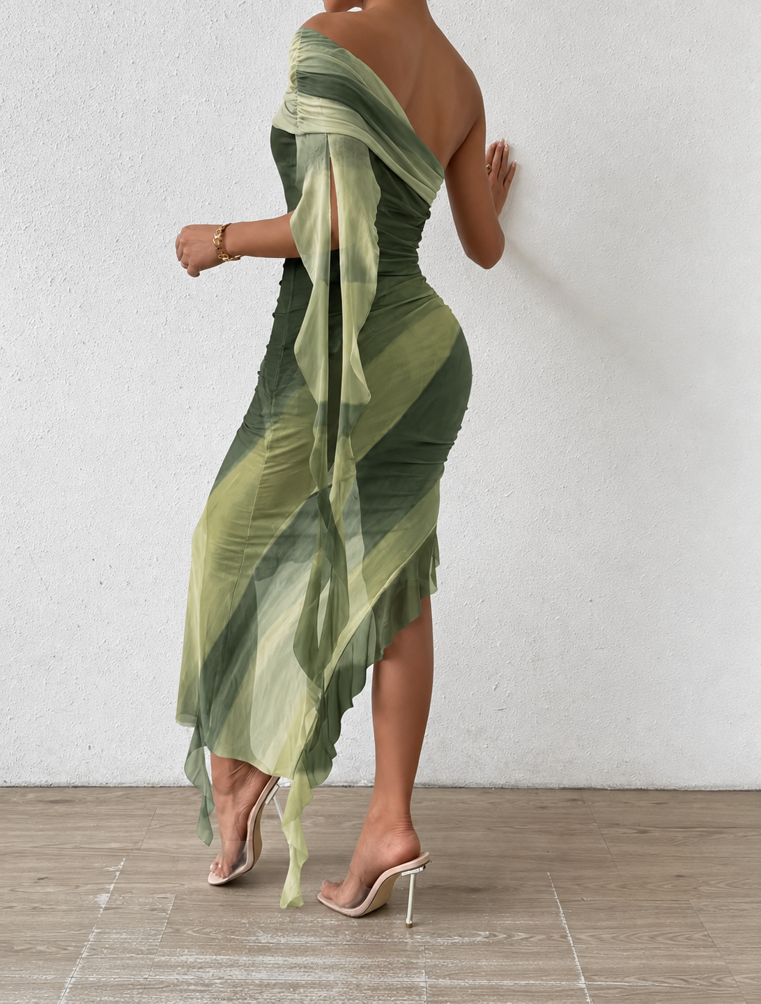 Ruched Ruffle Trim Dress