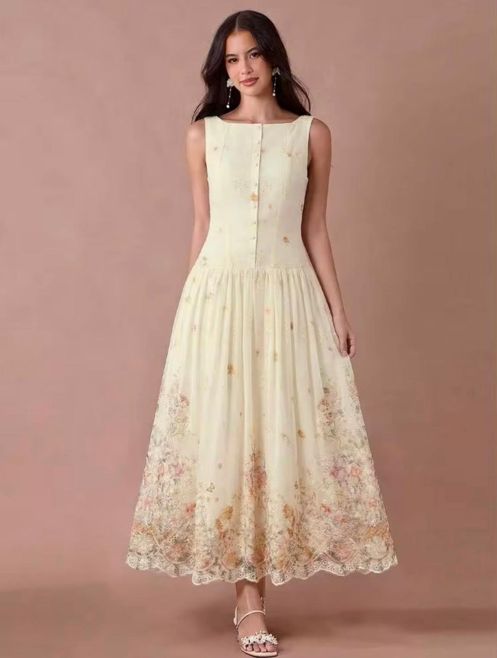Apricot Summer Floral Print Embroided