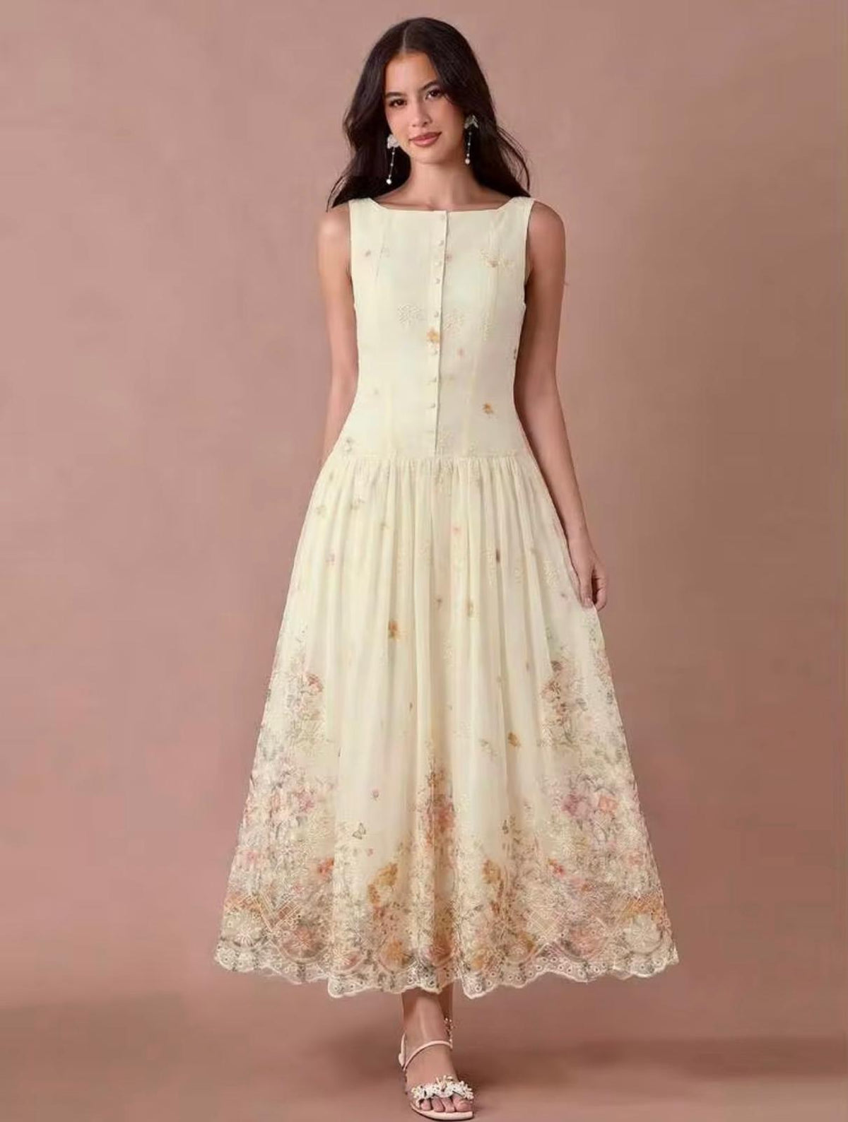 Apricot Summer Floral Print Embroided