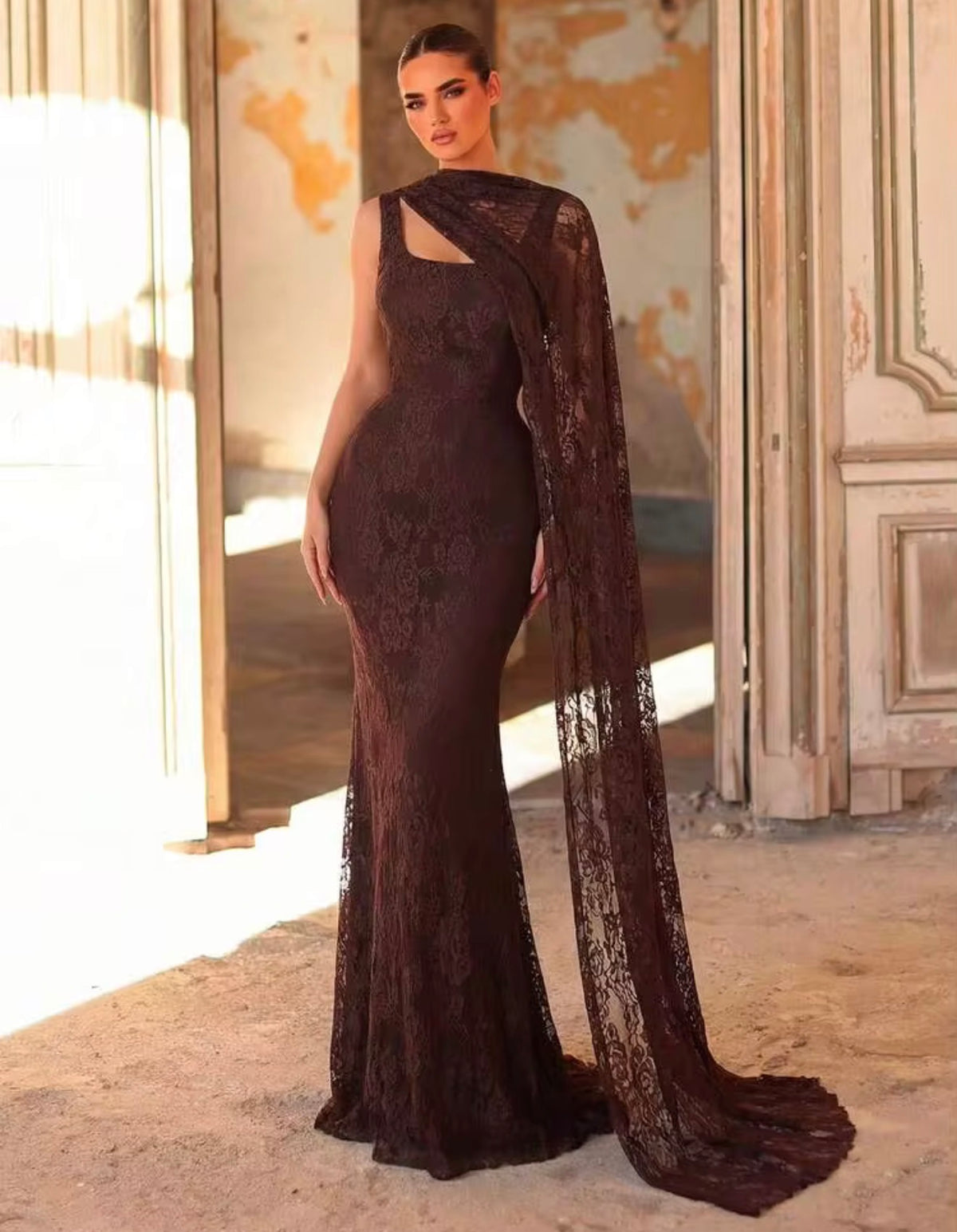 Lace Shawel Coffee Dress