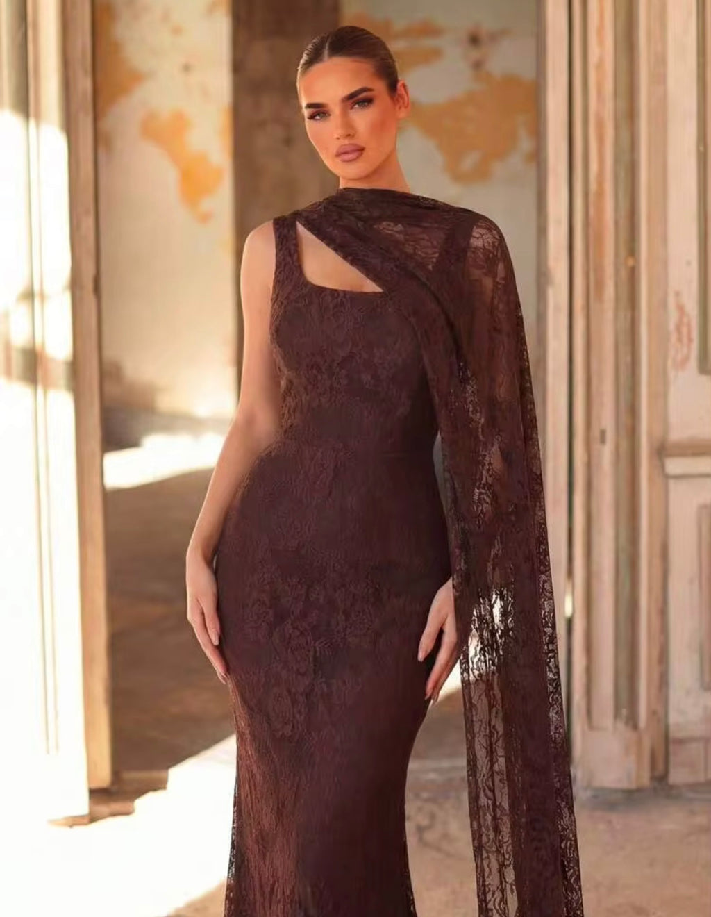Lace Shawel Coffee Dress