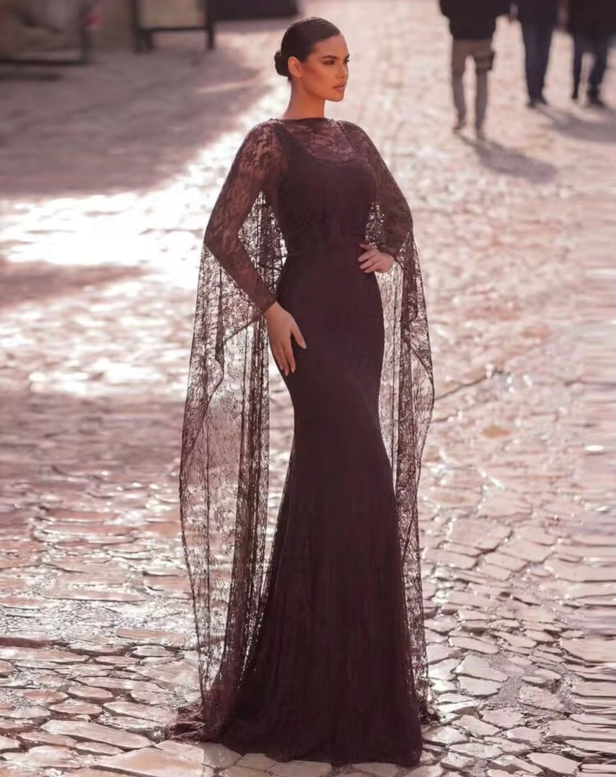 Lace Shawel Coffee Dress