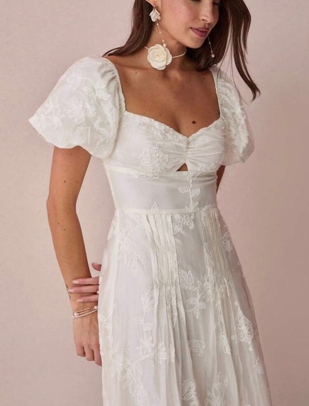 White Floral Embroidery Dress