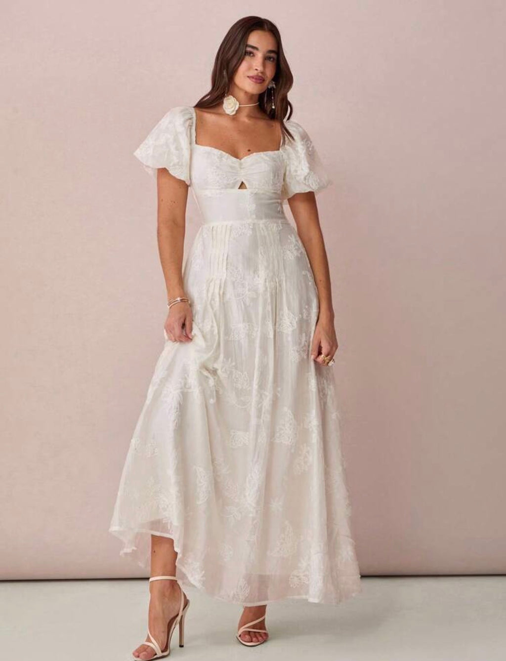 White Floral Embroidery Dress