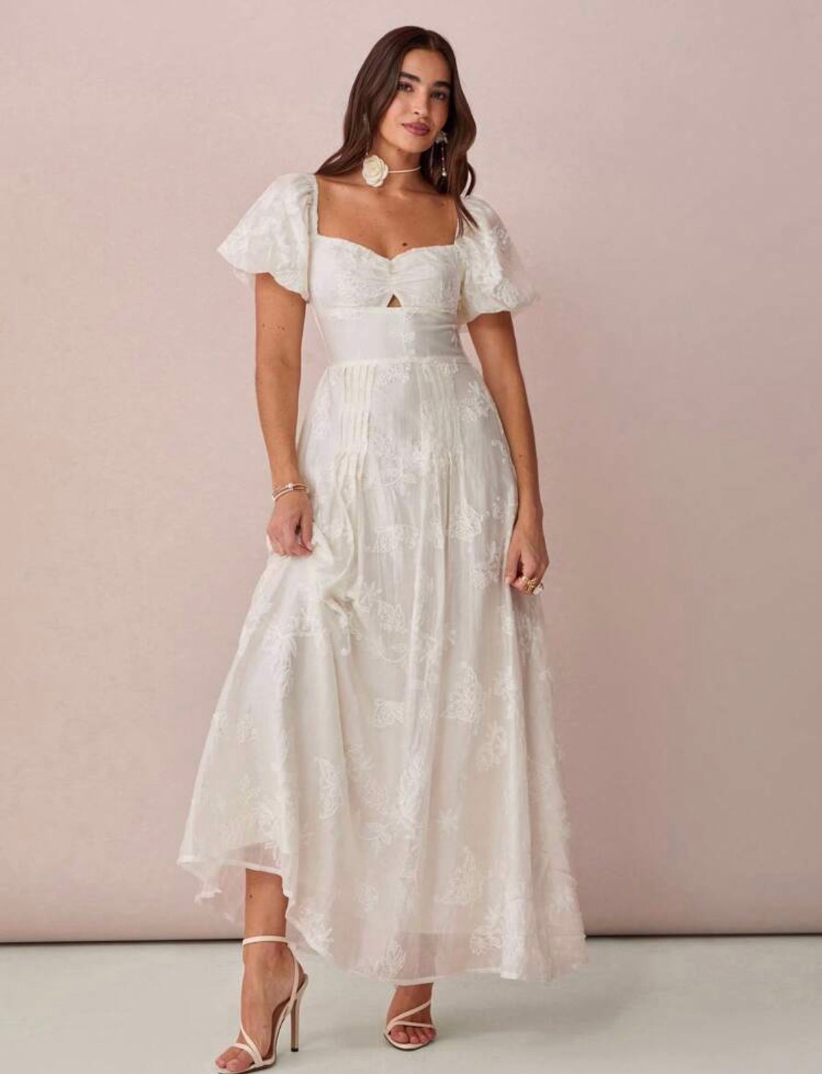 White Floral Embroidery Dress